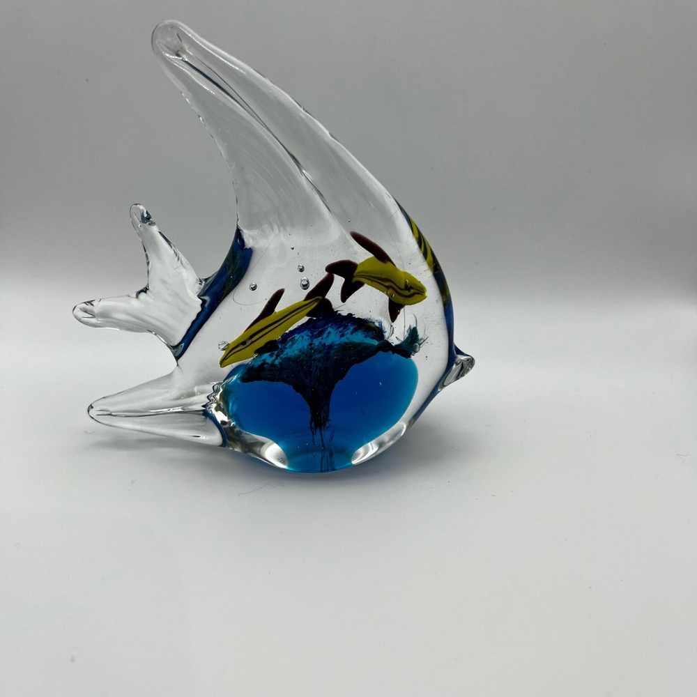 Tropical angel fish blue yellow glass decor figurine collectible paper weight